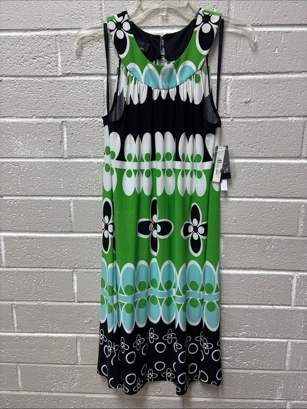 AB Studio Green, Black & White Floral-Print Midi Dress